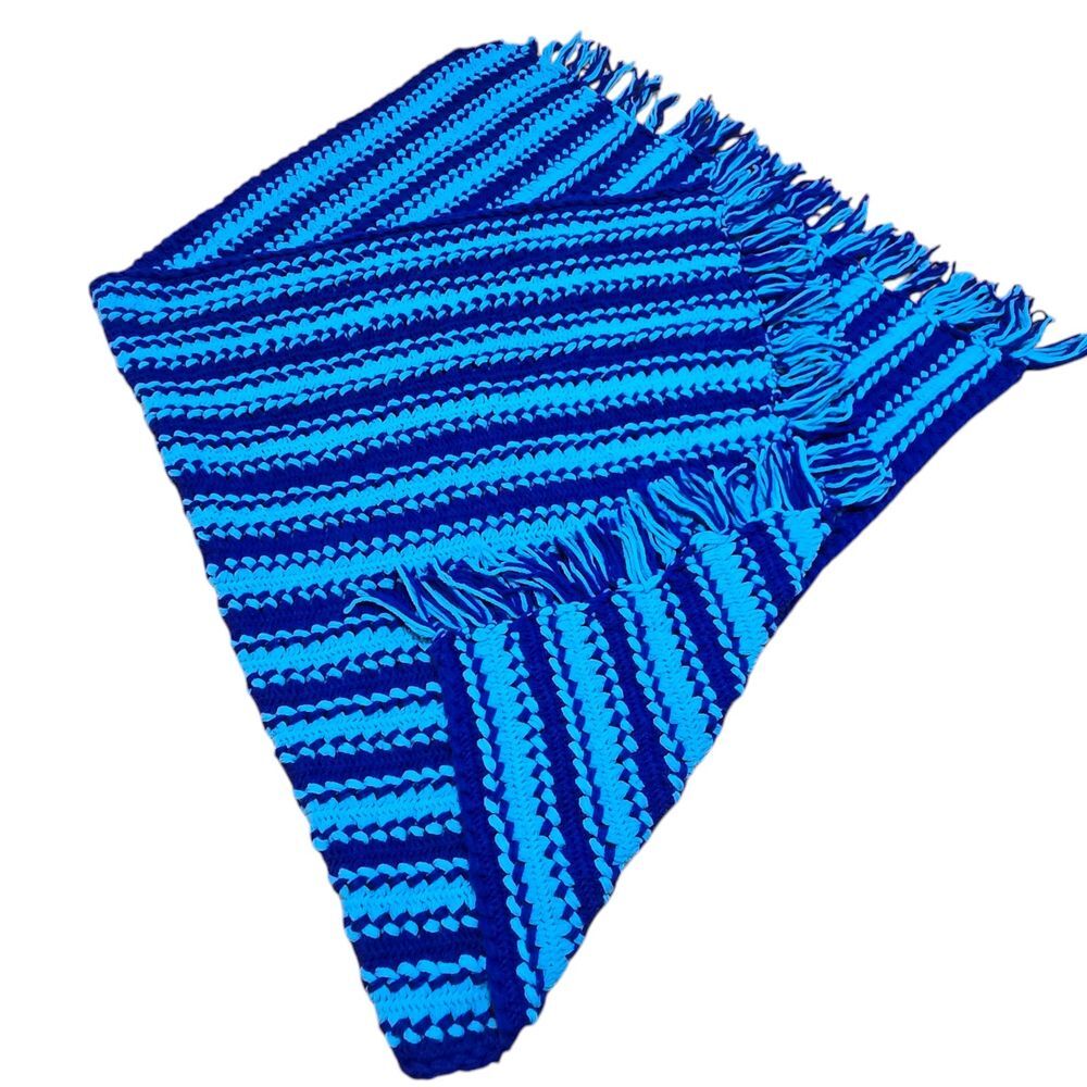 Handmade Crochet Afghan Throw Blanket Shawl Blue and Turquois 58 x 35"